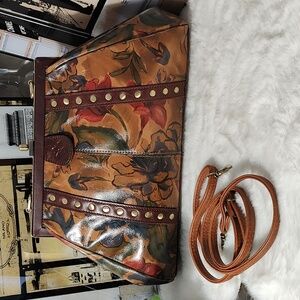Patricia Nash Floral Painted Leather Satchel in Tan, Brown, Green, Red